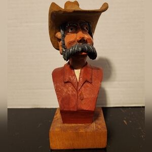 Hand Carved Wood Cowboy Figurine Sculpture Signed